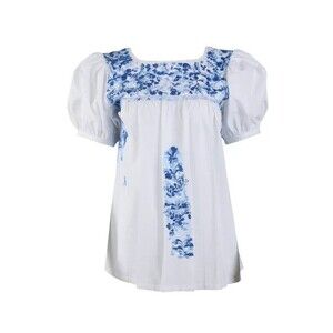 Mi Golondrina Womens Blouse Blue & White Small Embroidered Floral Puff Sleeve